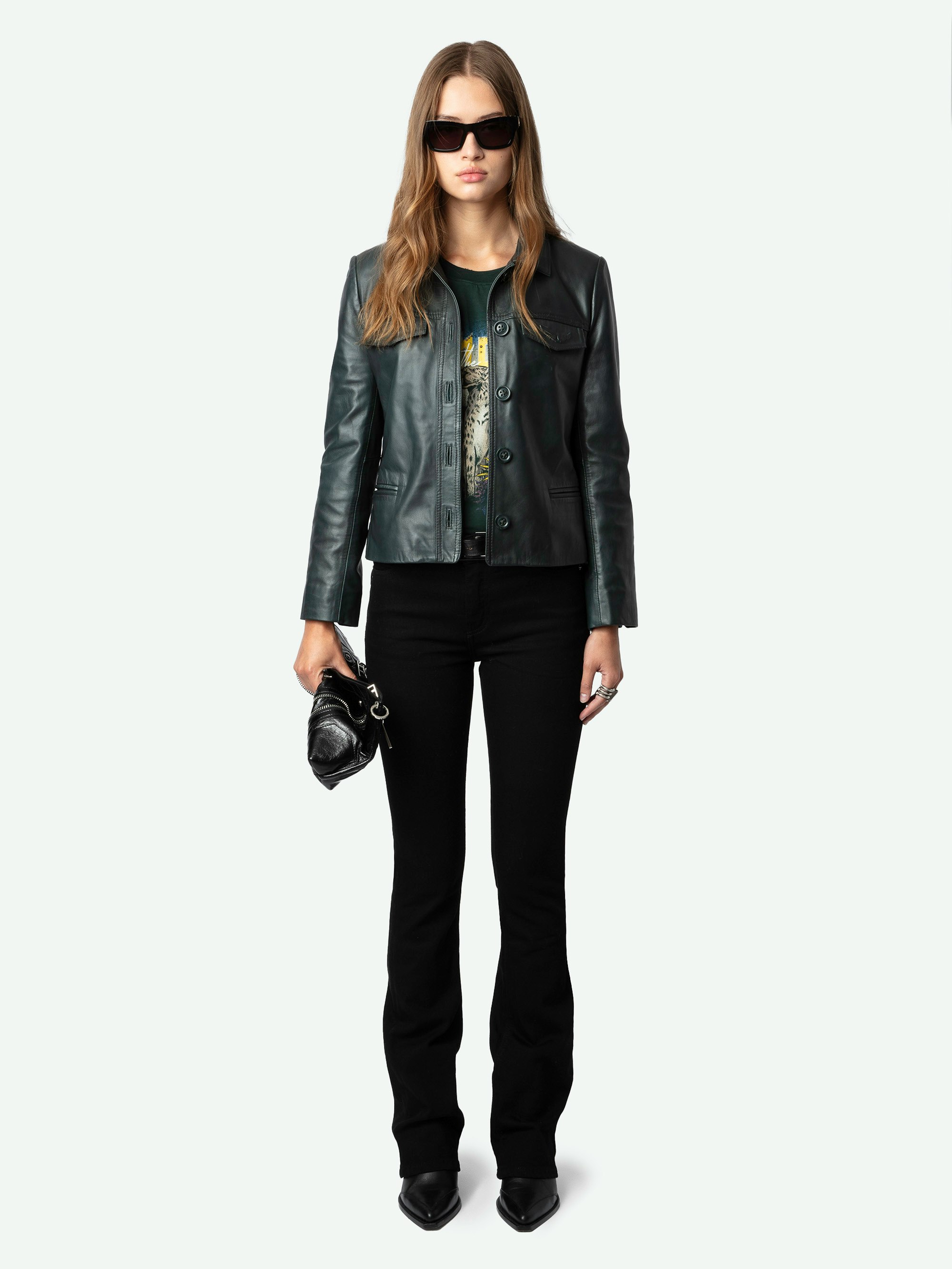Liam Leather Jacket - Dark green smooth leather jacket with button fastening and pockets.