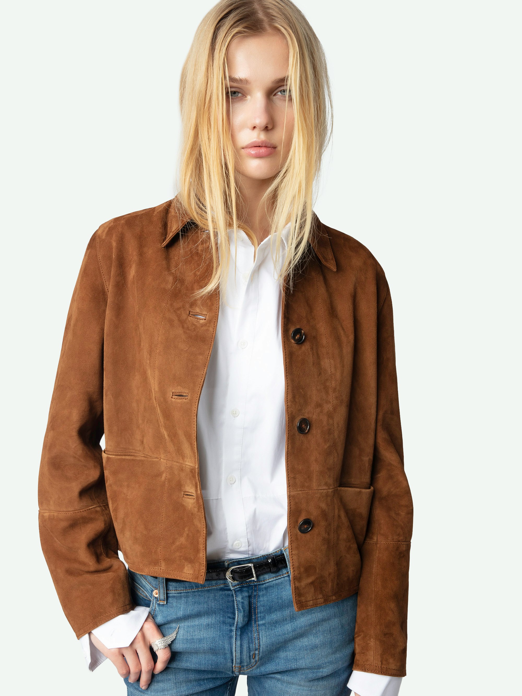 Lessa Suede Jacket - Women's cropped suede jacket with embossed wings on the back.