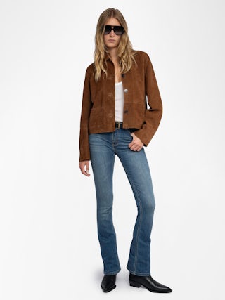 Lessa Jacket 100% Suede Leather - Cropped suede leather jacket with embossed wing on the back.