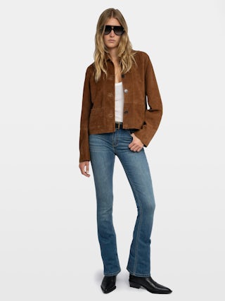 Lessa Jacket 100% Suede Leather - Cropped suede leather jacket with embossed wing on the back.