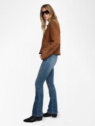 Lessa Jacket 100% Suede Leather - Cropped suede leather jacket with embossed wing on the back.