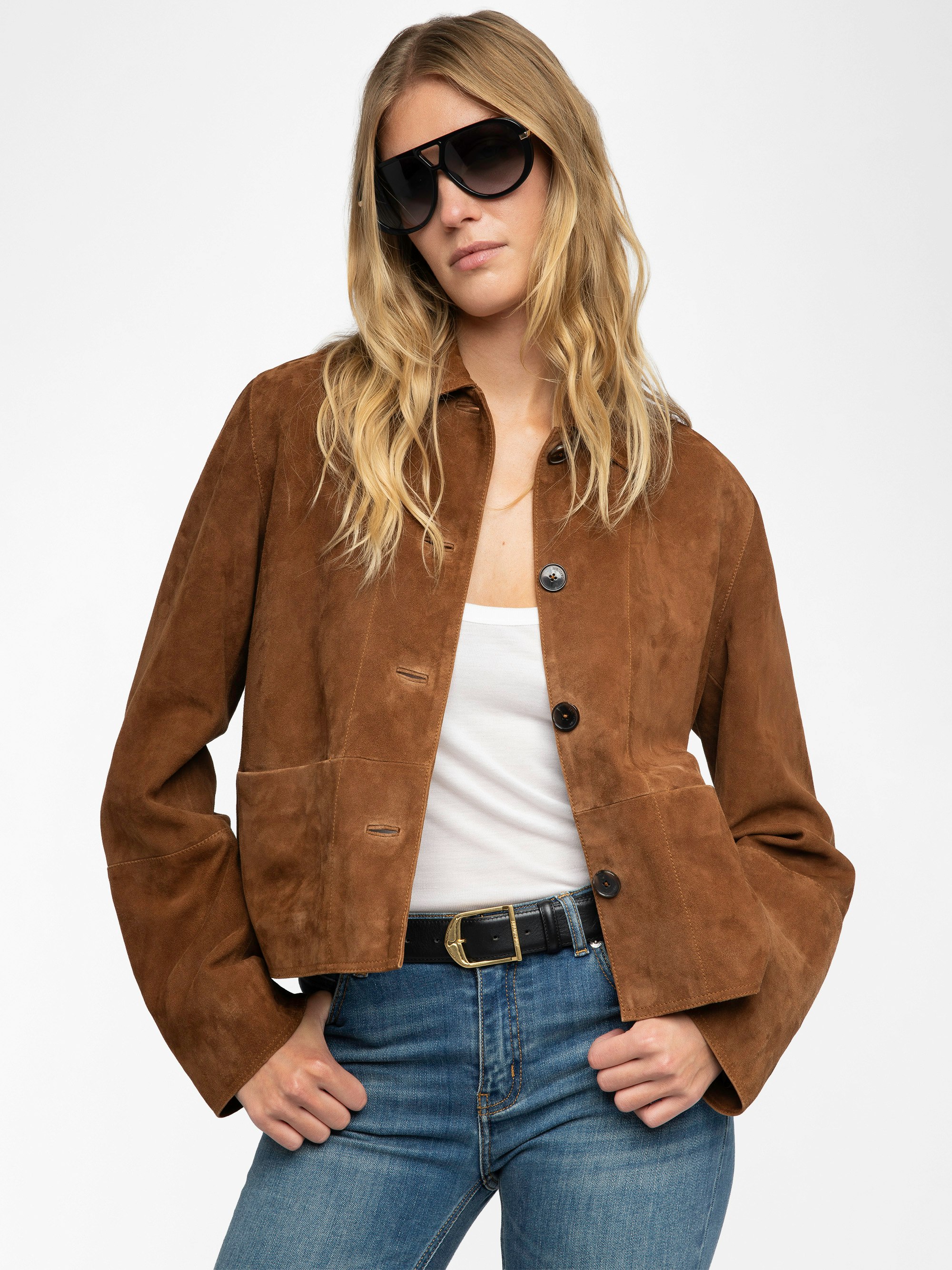 Lessa Suede Leather Jacket - Women's cropped suede jacket with embossed wings on the back.