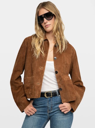Lessa Jacket 100% Suede Leather - Cropped suede leather jacket with embossed wing on the back.