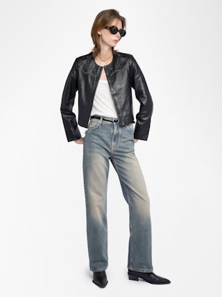 Luxi Leather Jacket - Fitted jacket in smooth leather with contrasting western panels and long sleeves.