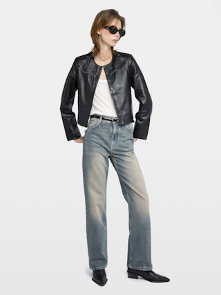 Luxi Leather Jacket - Fitted jacket in smooth leather with contrasting western panels and long sleeves.