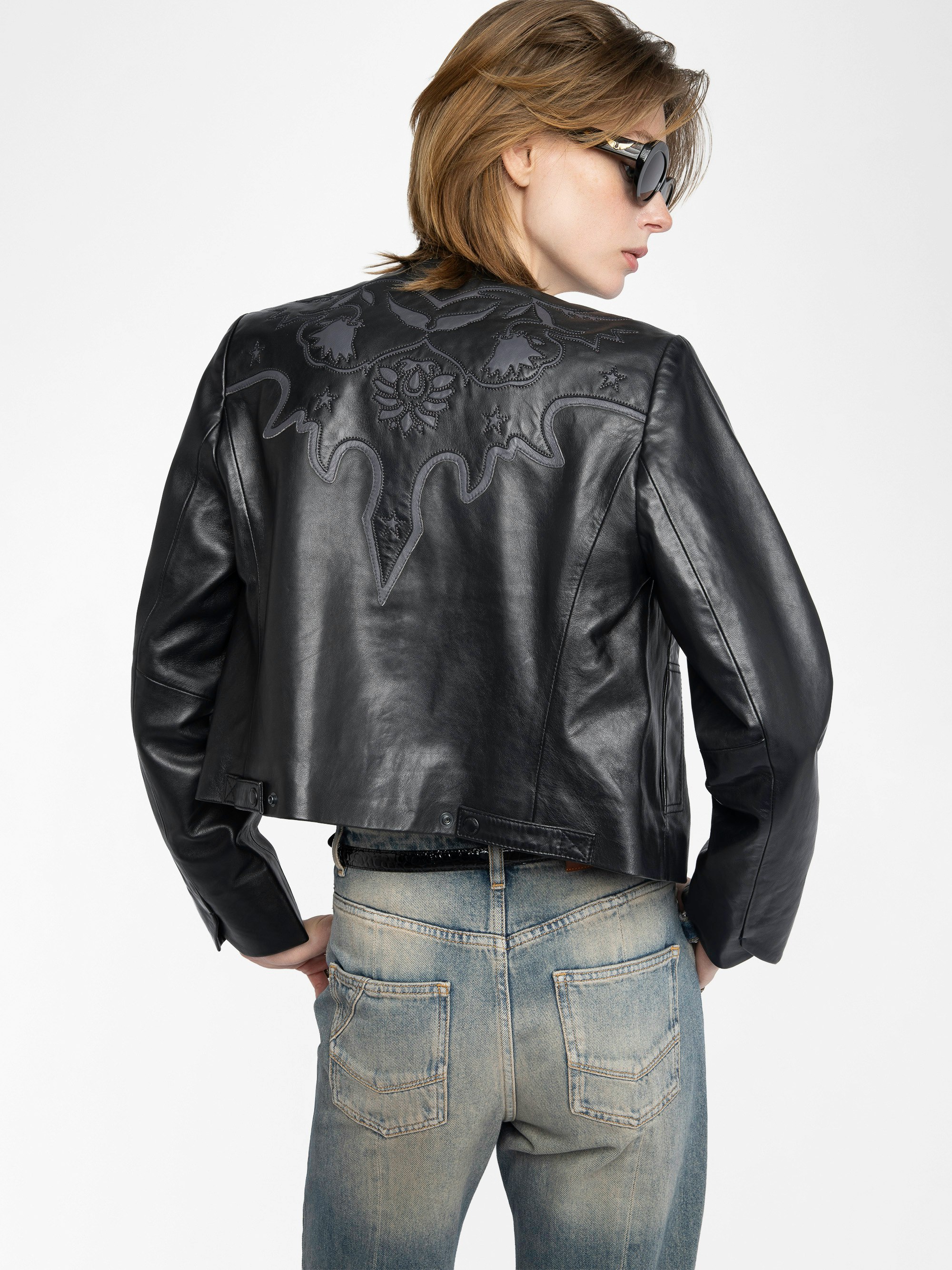 Luxi Leather Jacket - Fitted jacket in smooth leather with contrasting western panels and long sleeves.