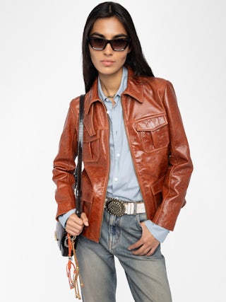 Lienna Leather Jacket - Glossy leather jacket with multiple pockets featuring zip closure and embossed wings on the back.