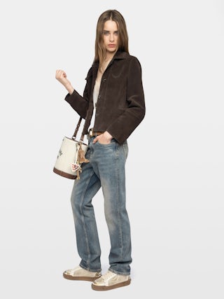 Lessa Suede Leather Jacket - Short buttoned jacket in suede leather with embossed wings on the back.