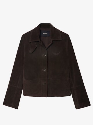 Lessa Suede Leather Jacket - Short buttoned jacket in suede leather with embossed wing on the back.