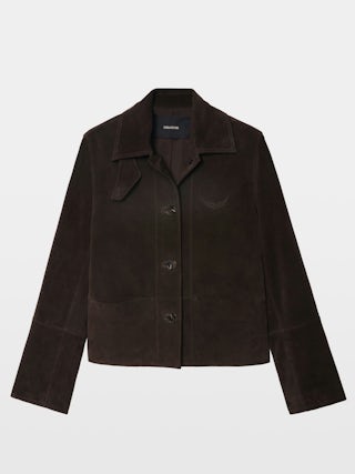 Lessa Suede Leather Jacket - Short buttoned jacket in suede leather with embossed wings on the back.