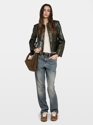 Liam Leather Jacket - Fitted buttoned jacket with embossed wings in glossy leather.