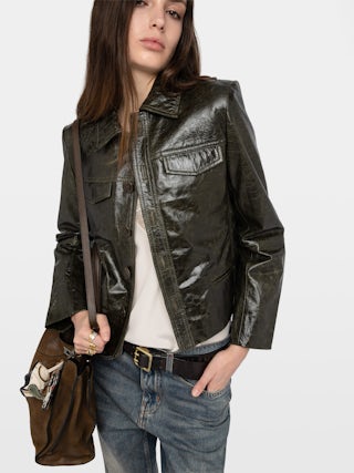 Liam Leather Jacket - Fitted buttoned jacket with embossed wings in glossy leather.
