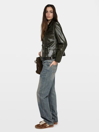 Liam Leather Jacket - Fitted buttoned jacket with embossed wings in glossy leather.