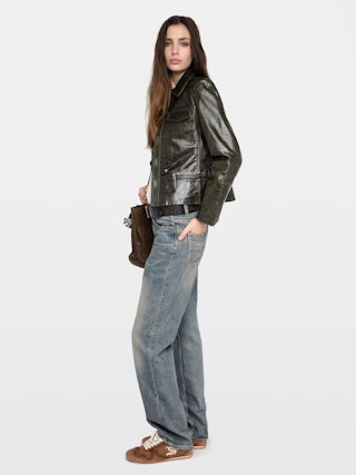 Liam Leather Jacket - Fitted buttoned jacket with embossed wings in glossy leather.