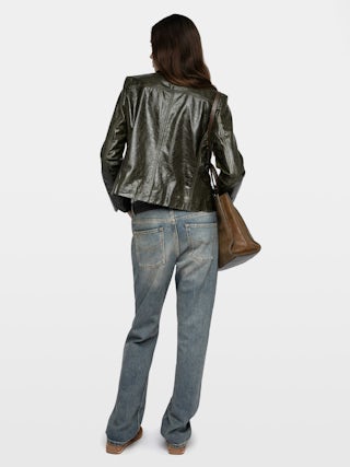 Liam Leather Jacket - Fitted buttoned jacket with embossed wings in glossy leather.