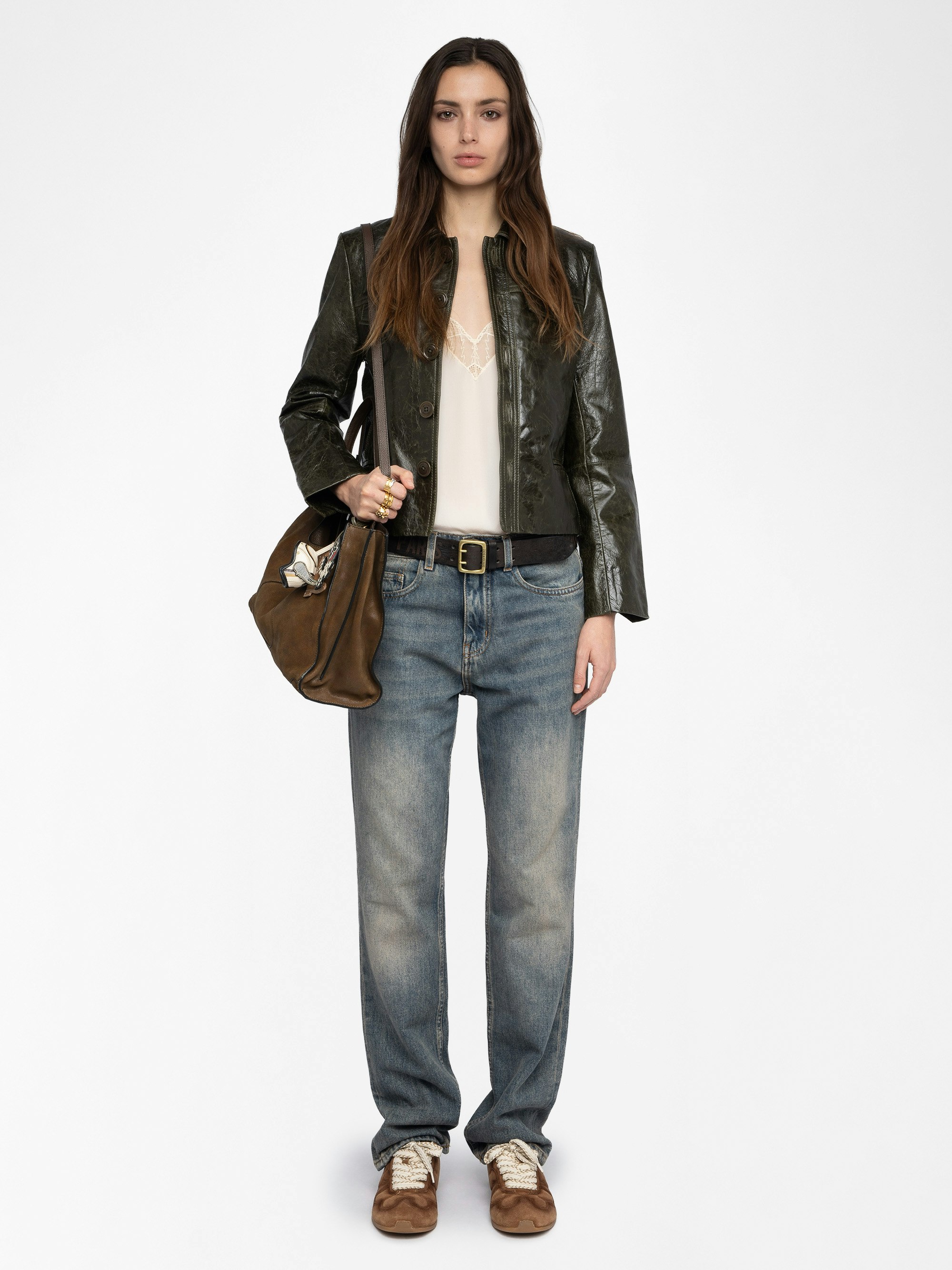 Liam Leather Jacket - Fitted buttoned jacket with embossed wings in glossy leather.