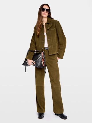 Lessa Suede Leather Jacket - Short buttoned jacket in suede leather with deep dye effect and embossed wings on back.