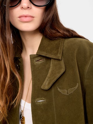 Lessa Suede Leather Jacket - Short buttoned jacket in suede leather with deep dye effect and embossed wing.