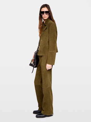 Lessa Suede Leather Jacket - Short buttoned jacket in suede leather with deep dye effect and embossed wing.