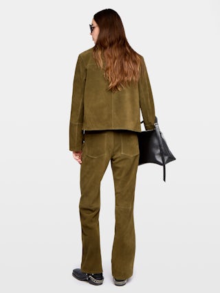 Lessa Suede Leather Jacket - Short buttoned jacket in suede leather with deep dye effect and embossed wings on back.