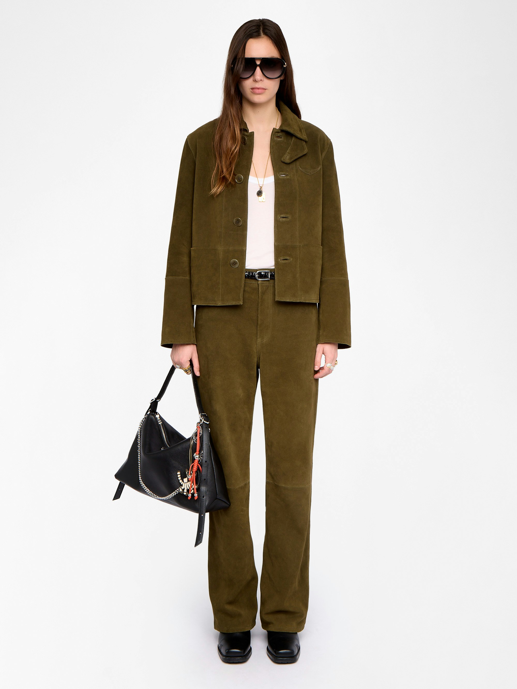 Lessa Suede Leather Jacket - Short buttoned jacket in suede leather with deep dye effect and embossed wing.