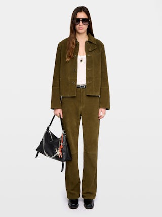 Lessa Suede Leather Jacket - Short buttoned jacket in suede leather with deep dye effect and embossed wings on back.