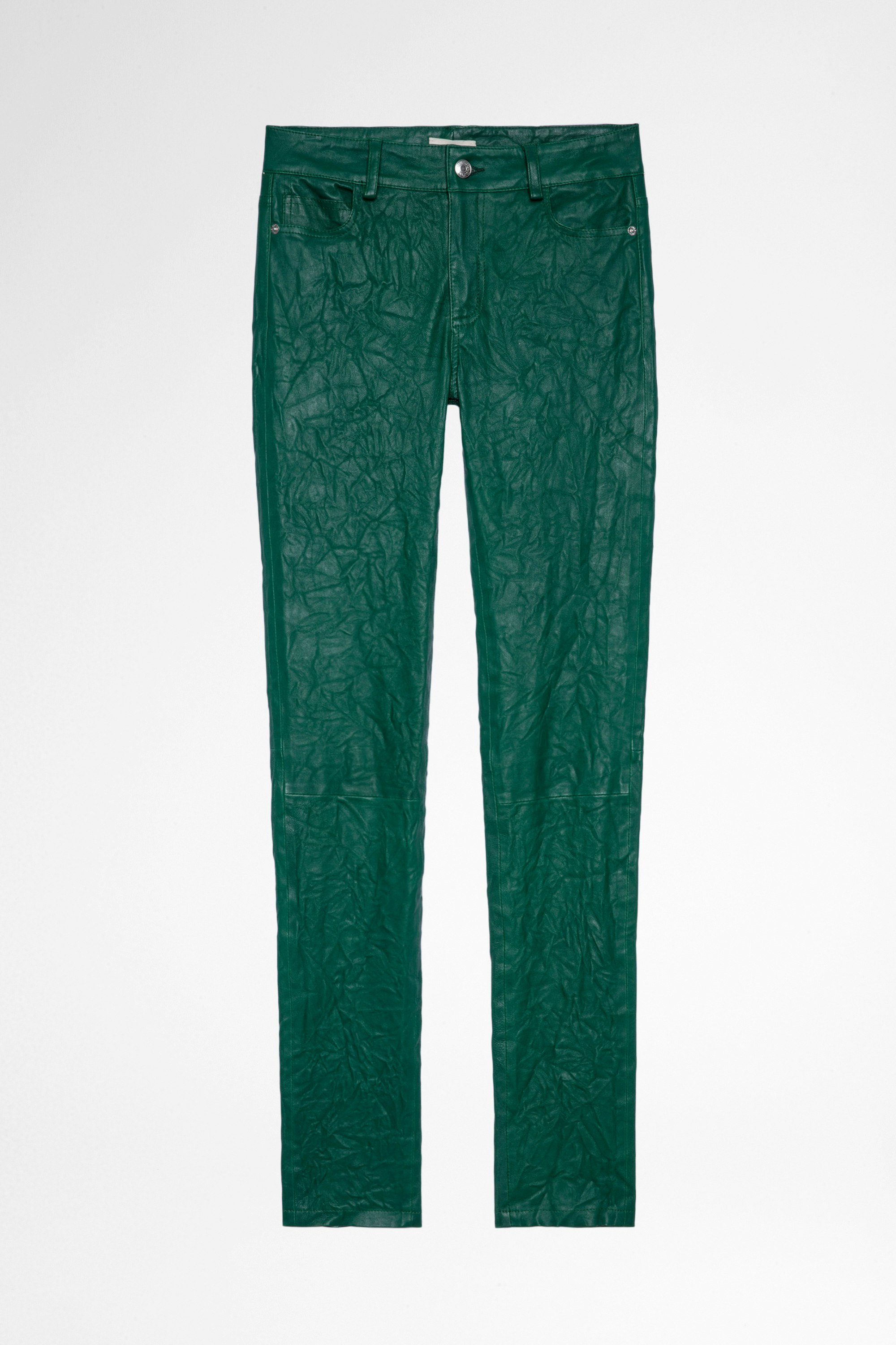 Phlame Creased Leather Trousers Women's green crinkled leather pants. Buying this product, you support a responsible leather production through Leather Working Group.