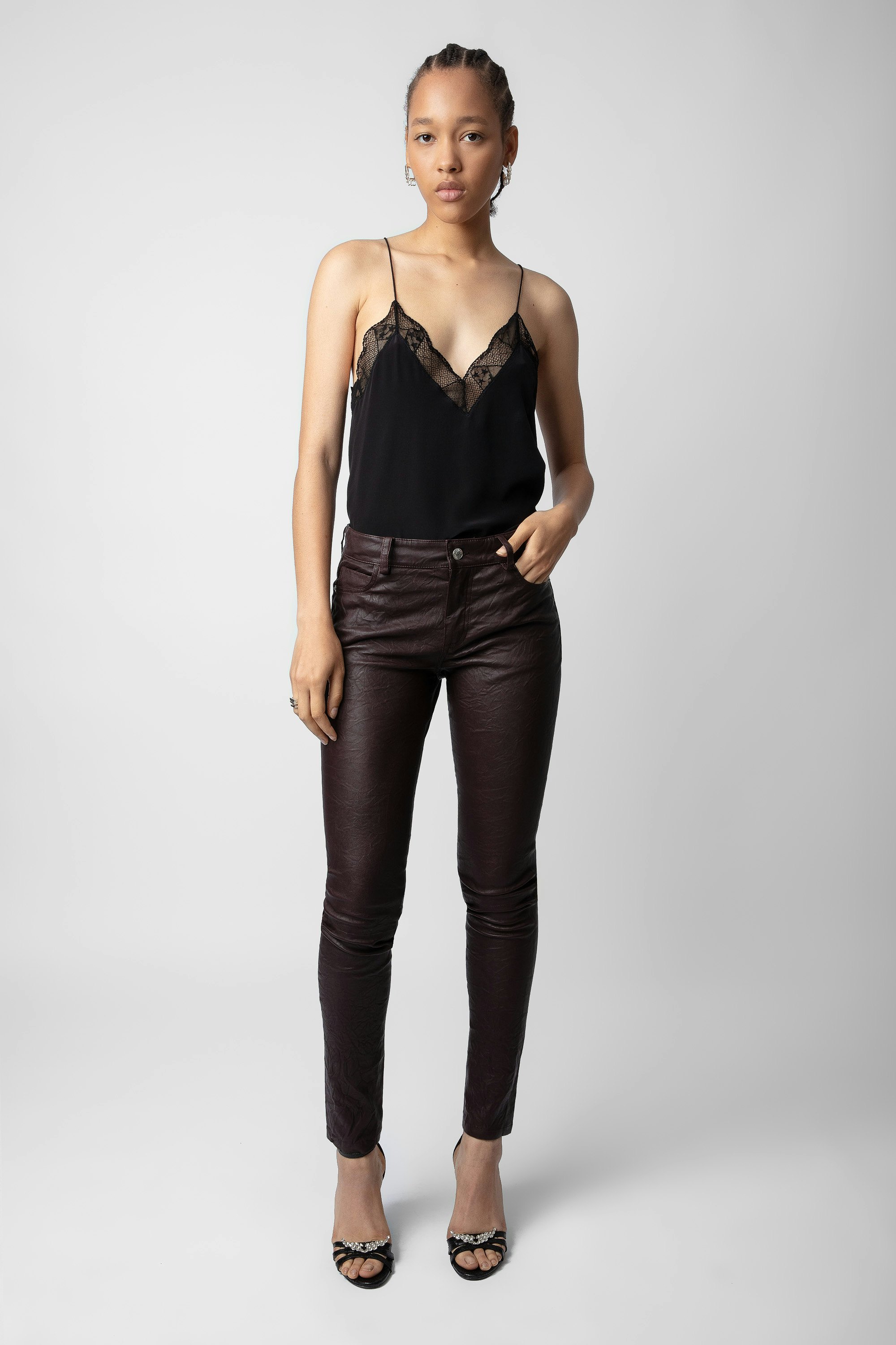 Phlame Crinkled Leather Pants - Women’s brown crinkled leather pants.