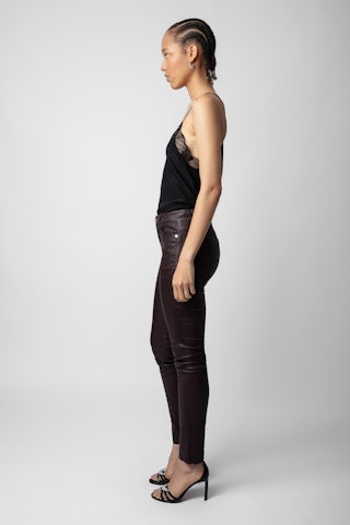 Pantalon Phlame Cuir Froissé - Pantalon en cuir froissé marron.