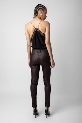 Pantalon Phlame Cuir Froissé - Pantalon en cuir froissé marron.