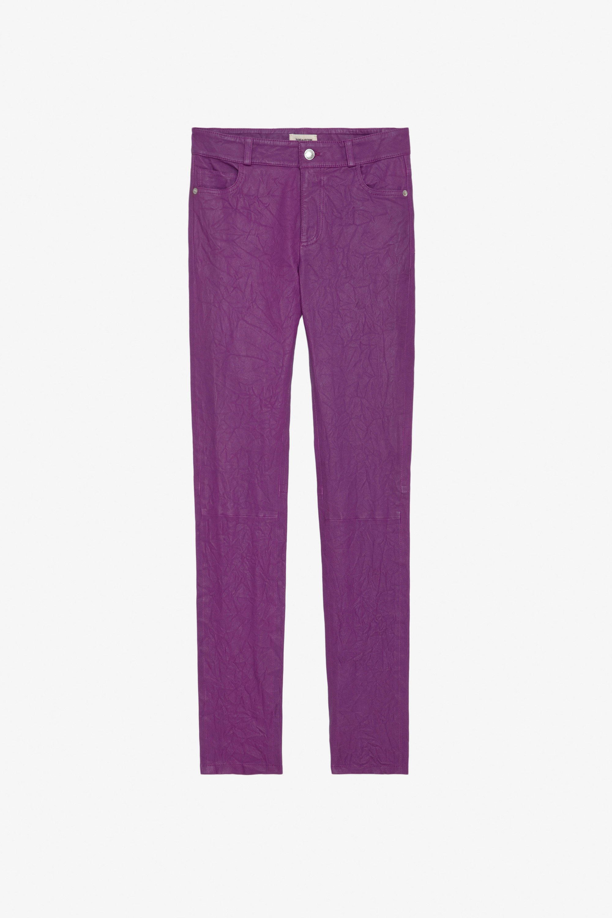 Phlame Crinkled Leather Trousers - Purple crinkled leather trousers with pockets.