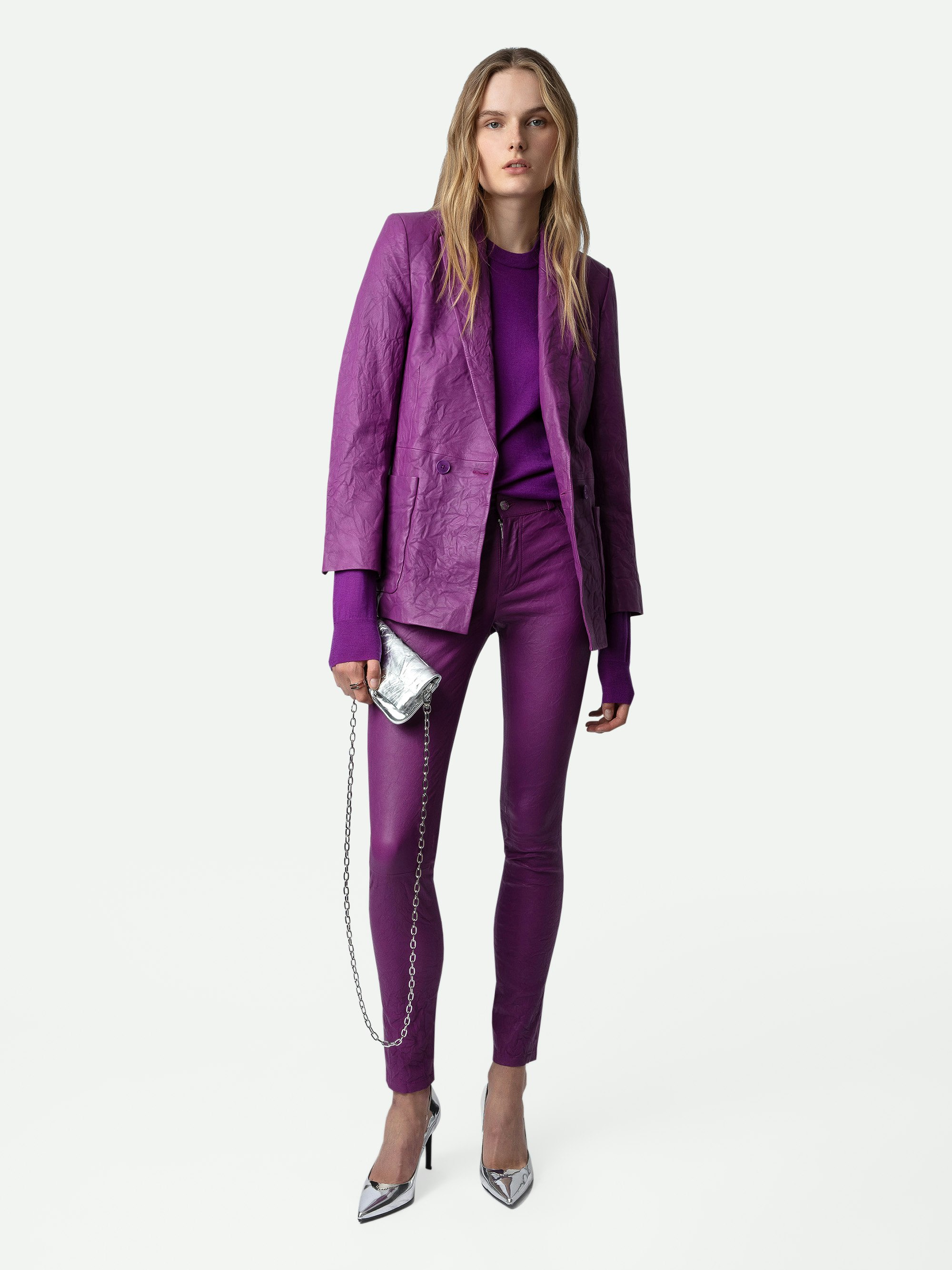 Phlame Crinkled Leather Trousers - Purple crinkled leather pants with pockets.