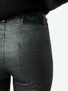 Phlame Crinkled Leather Pants - Dark green crinkled leather pants with pockets.