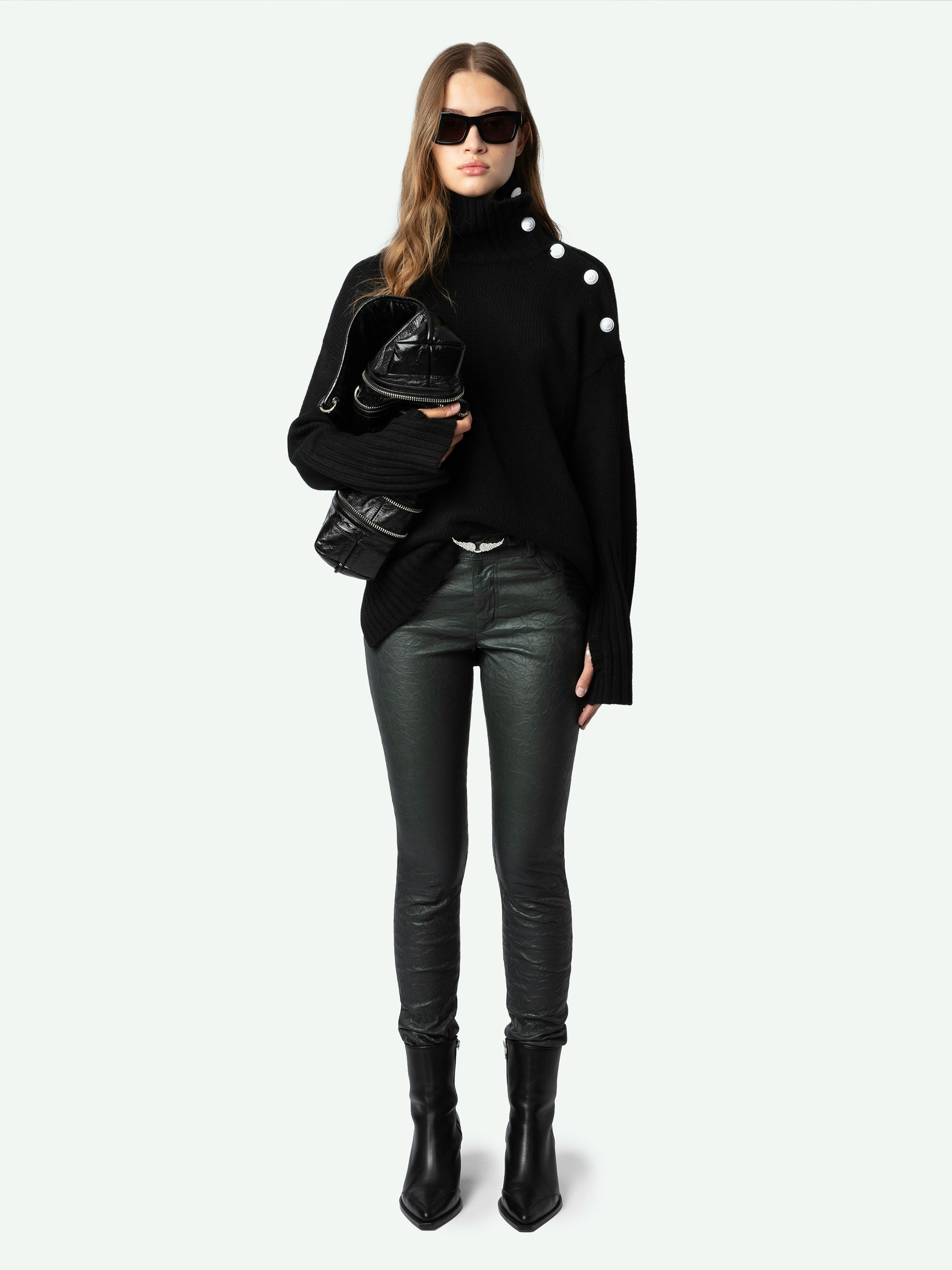 Phlame Crinkled Leather Trousers - Dark green crinkled leather trousers with pockets.