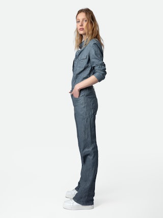 Pantalon Pistol Cuir Froissé - Pantalon de tailleur évasé en cuir froissé bleu ciel à poches.