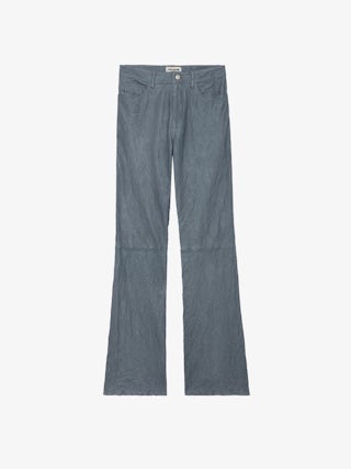 Pantalon Pistol Cuir Froissé - Pantalon de tailleur évasé en cuir froissé bleu ciel à poches.