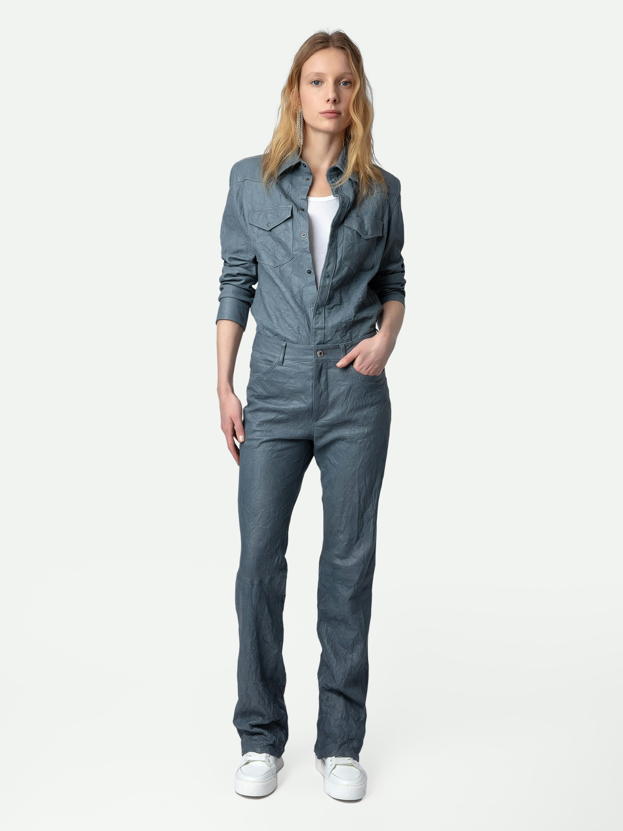 Pistol Crinkled Leather Trousers - Sky blue flared tailored trousers in crinkled leather with pockets.