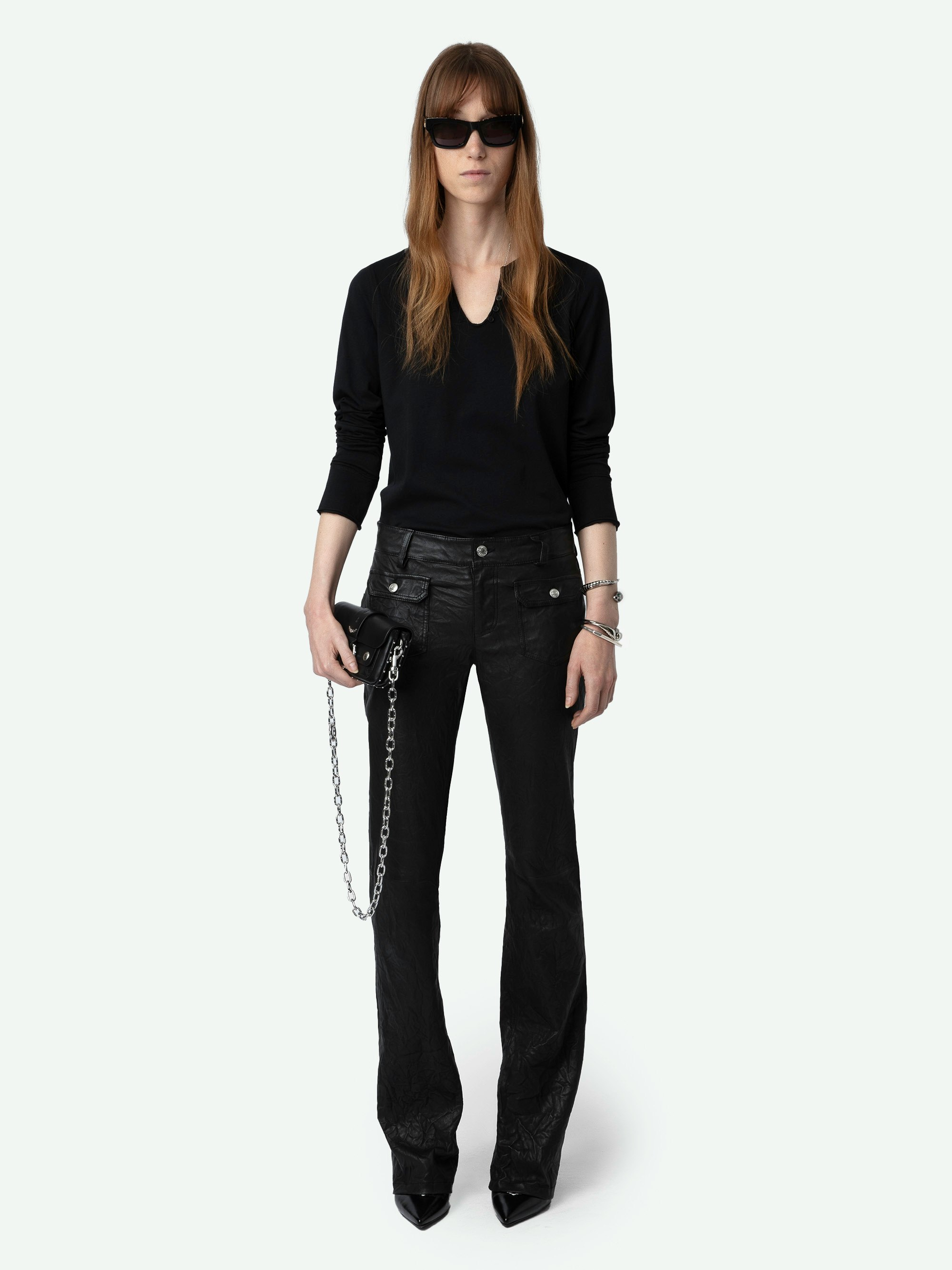 Hippie Crinkled Leather Trousers - Women's black creased leather trousers