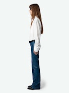 Hippie Crinkled Leather Pants - Blue crinkled leather pants with flap pockets.