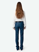 Hippie Crinkled Leather Pants - Blue crinkled leather pants with flap pockets.