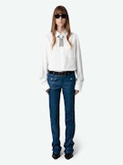 Hippie Crinkled Leather Pants - Blue crinkled leather pants with flap pockets.