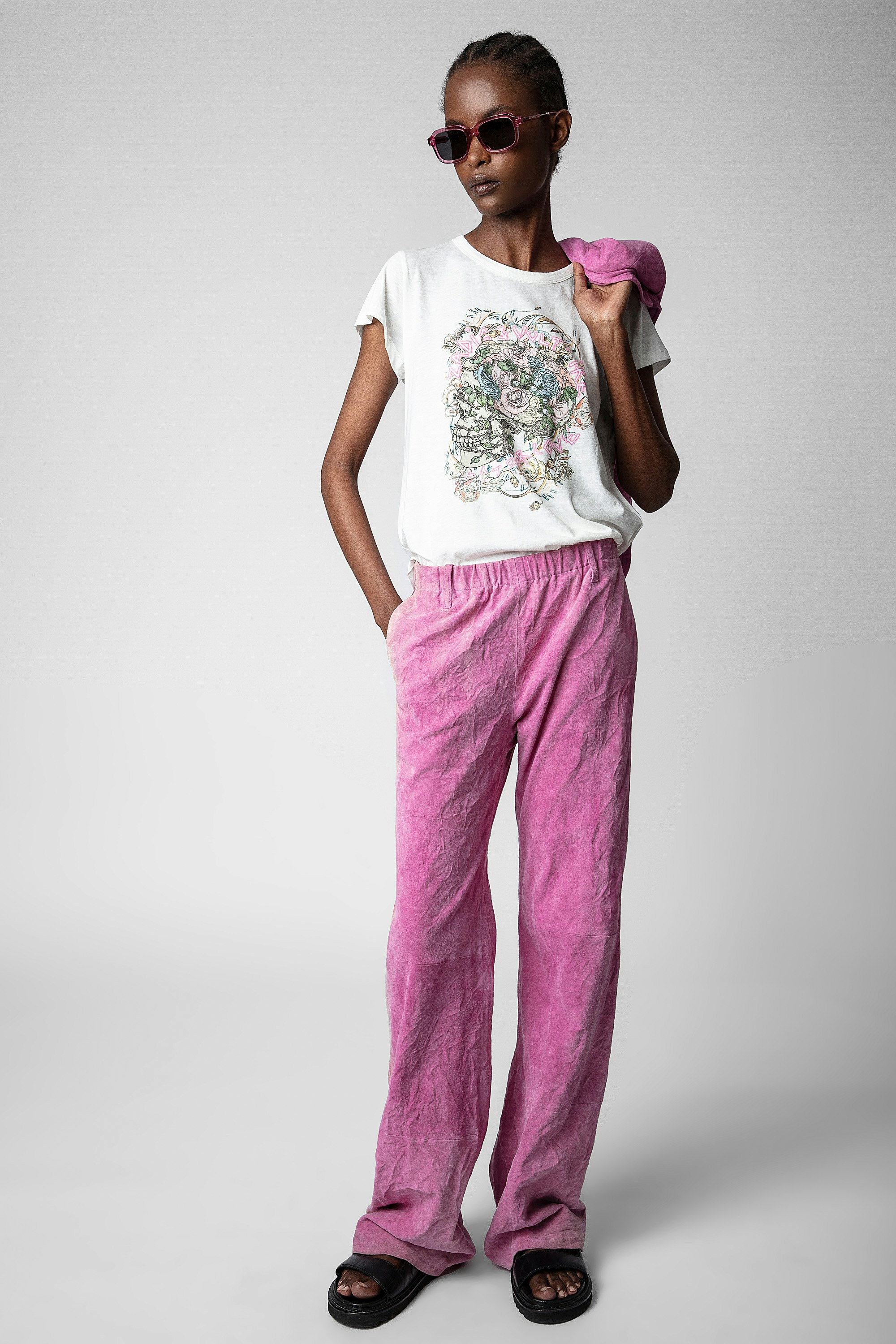 Parfait Crinkled Suede Pants - Women’s pink crinkled suede wide-leg pants