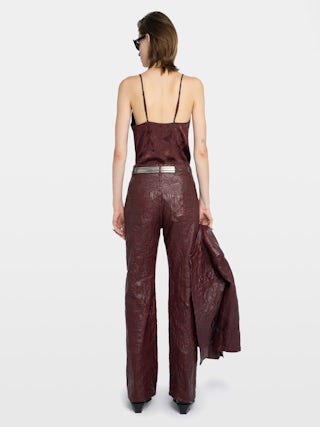 Evy Leather Pants - Wide-leg pants in crinkled leather with multiple pockets.