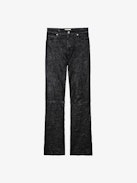 Evy Crinkled Leather Pants - Make a bold statement with the Evy flared black leather pants, crafted from Zadig&Voltaire’s signature crinkled leather. Designed with a flattering flared silhouette, these pants blend edgy sophistication with modern elegance. Featuring a button and zipper closure, along with functional pockets, they offer both style and versatility. Elevate your wardrobe with these standout flared black leather pants, perfect for day-to-night styling.
