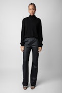 Hose Pauline Knitterleder - Hose aus grünem Knitterleder für Damen.