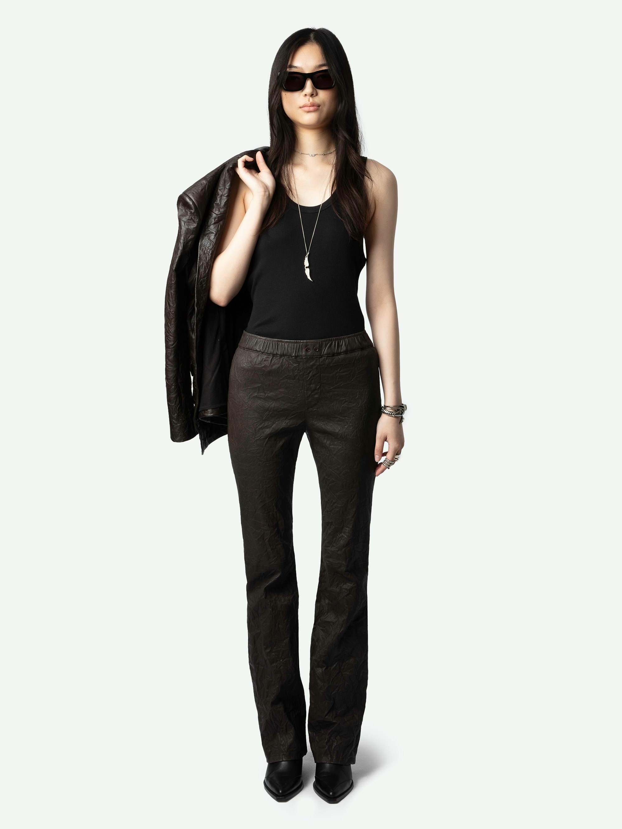 Pauline Crinkled Leather Trousers - Straight-cut trousers in brown crinkled leather with elasticated waist.