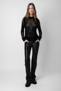 Hose Paulin Leder - Schwarze Lederhose mit Steppdetails für Damen.