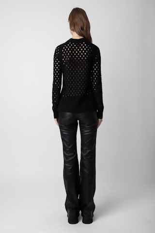 Pantalon Paulin Cuir - Pantalon en cuir d'agneau noir à détails surpiqués.