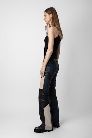Pantalon Paulin Cuir - Pantalon en cuir d'agneau contrasté noir à détails surpiqués.