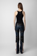 Hose Paulin Leder - Hose aus kontrastierendem Leder in Schwarz mit Ziernähten für Damen.
